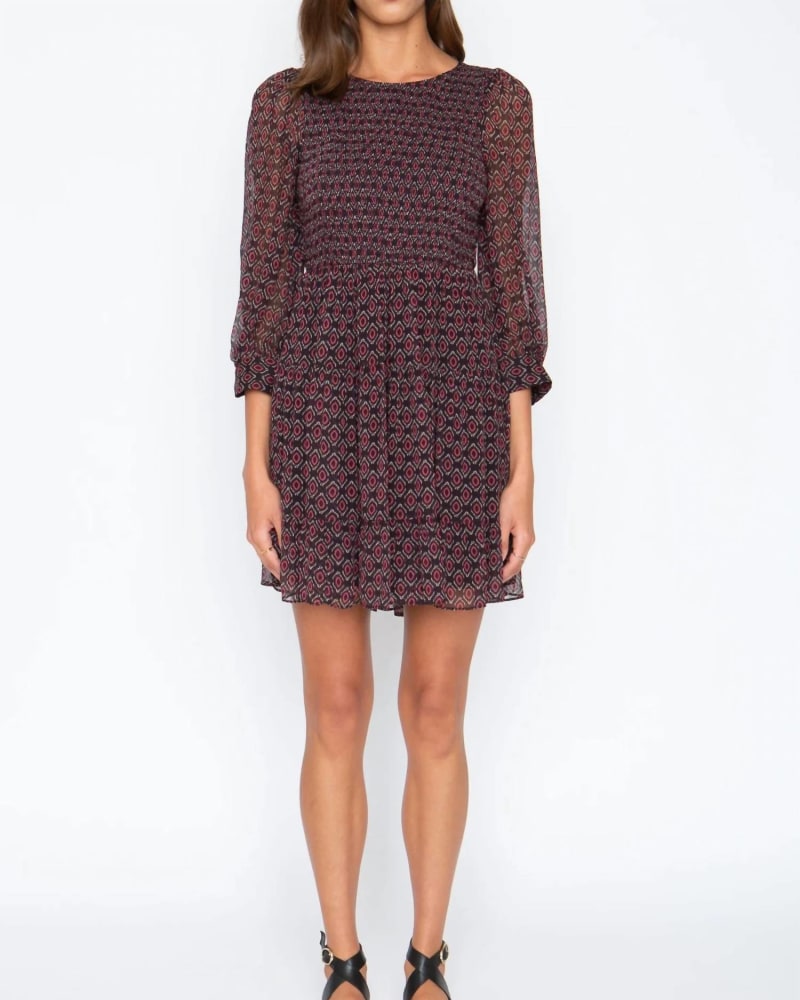 Front of a model wearing a size L Ana Dress in Peacock Geo in Peacock Geo by CABALLERO. | dia_product_style_image_id:346786